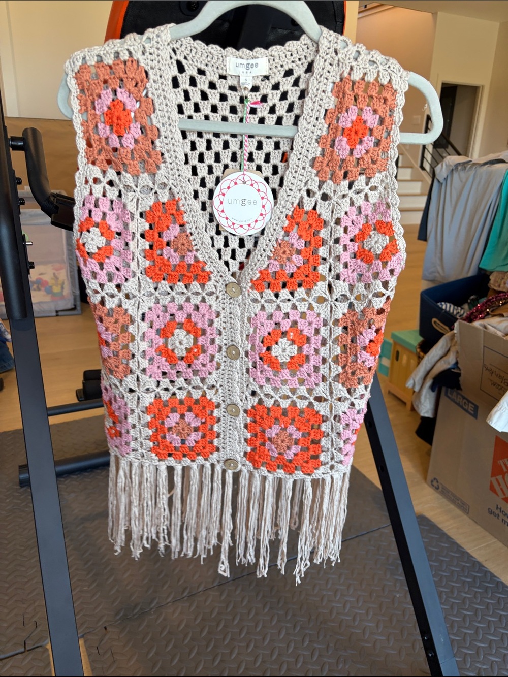 Umgee Crochet Granny Square Fringe Vest in Beige with Pink & Orange